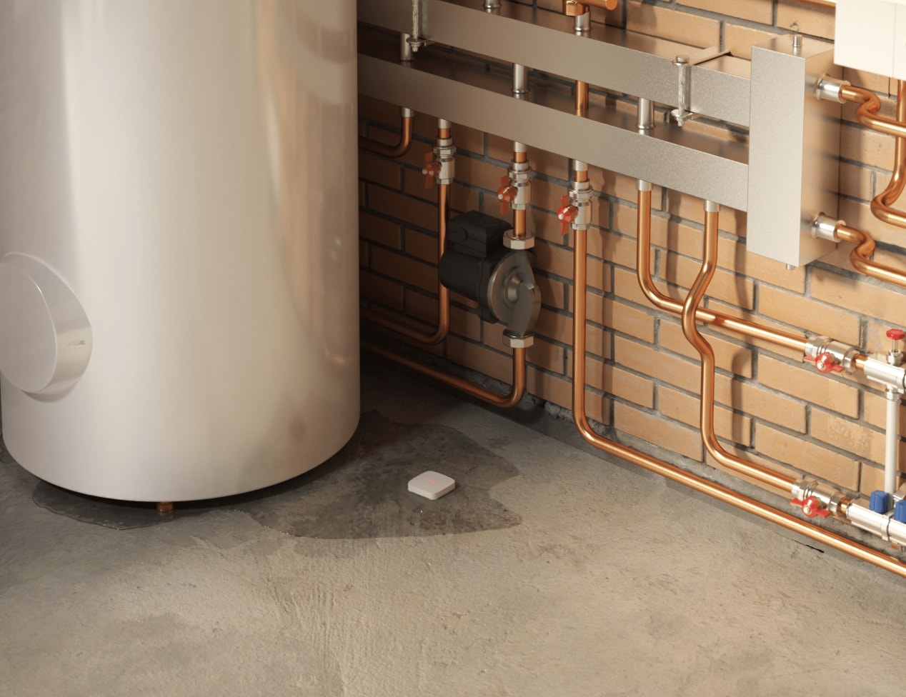 LeaksProtect Jeweller rilevatore allagamenti wireless bianco vicino caldaia