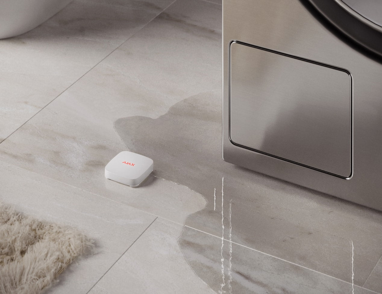 LeaksProtect Jeweller rilevatore allagamenti wireless bianco vicino alla lavatrice