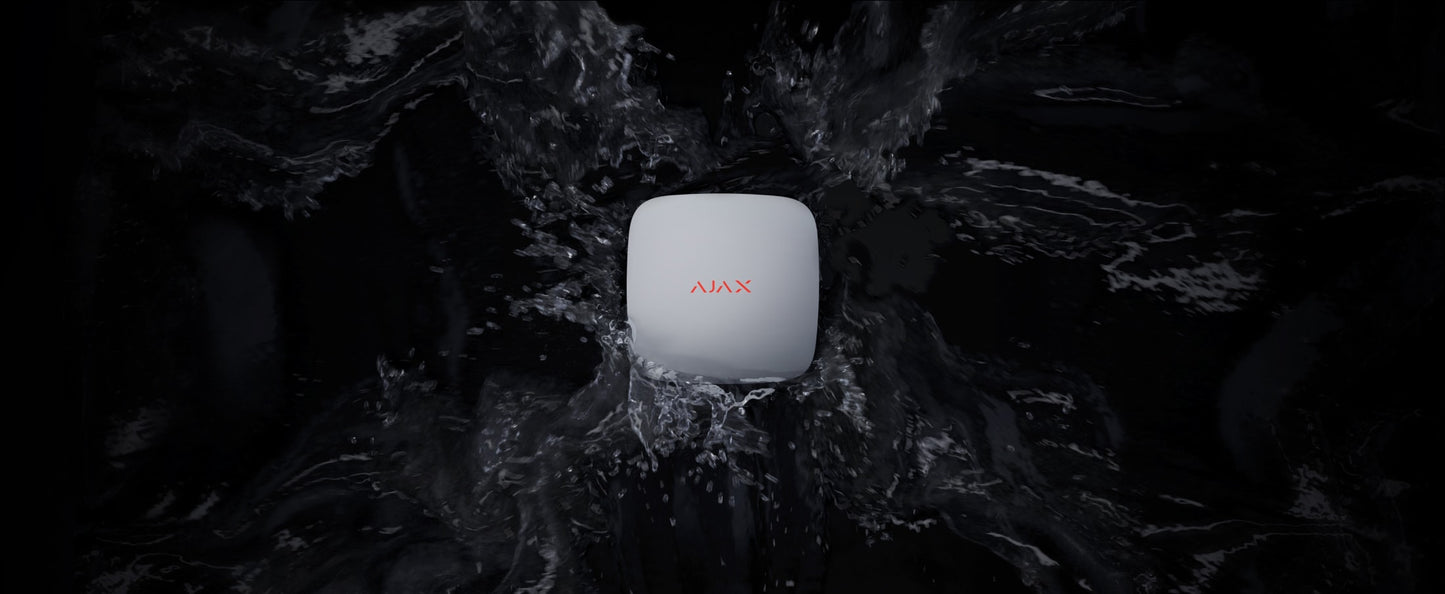 LeaksProtect Jeweller rilevatore allagamenti wireless bianco con acqua nello sfondo